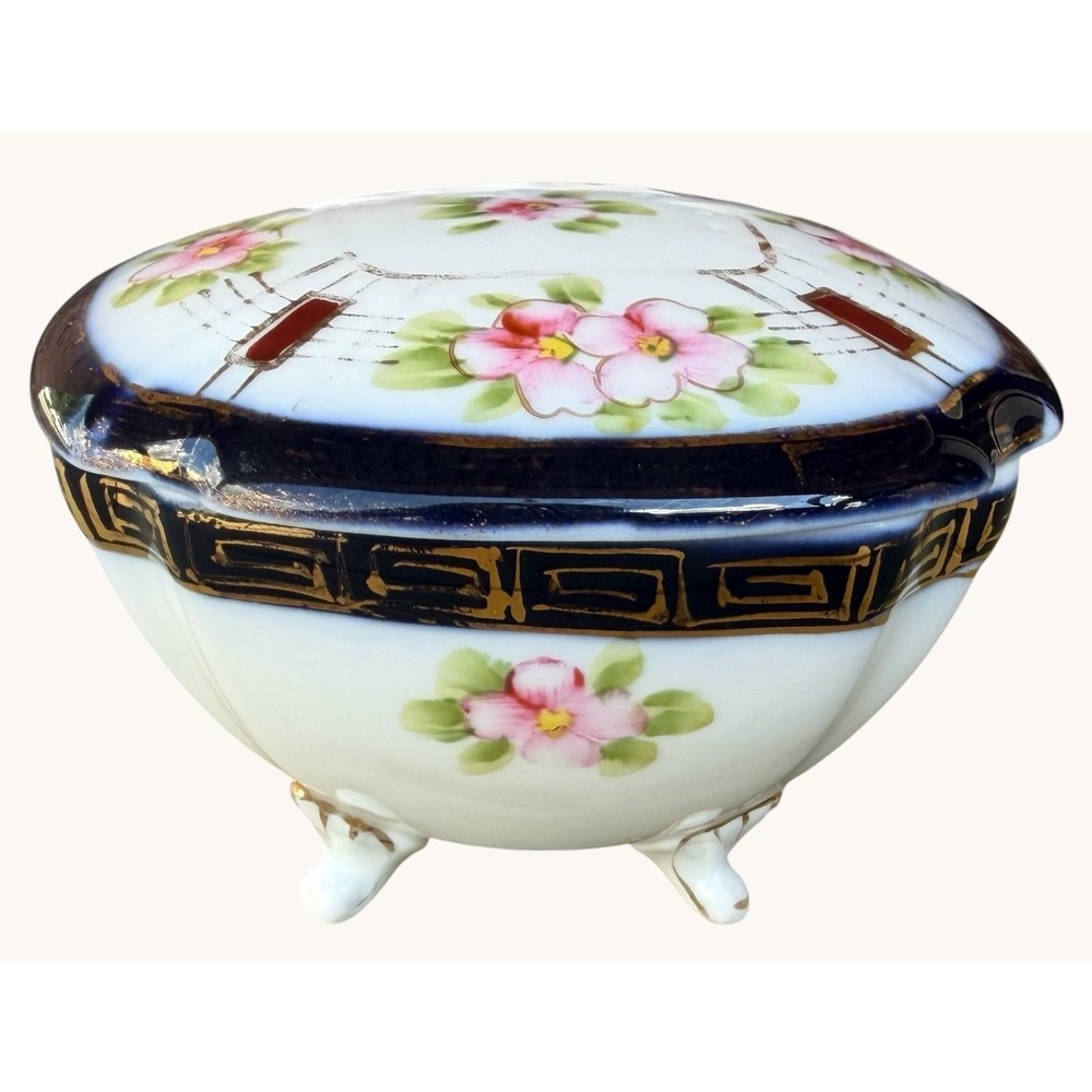 Antique Nippon Powder Jar- Morimura Wreath- Footed Porcelain Trinket Box Cobalt